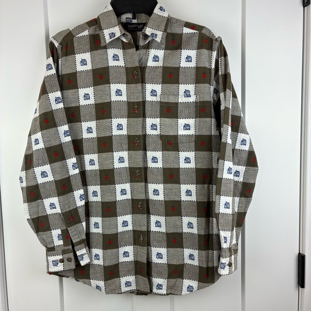 Women's Krazy Kat Collared Plaid Button Down Teacher Shirt Long Sleeve Small e